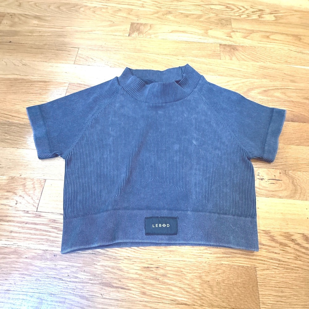 LEBOD Ribbed Crop‎ Top Gray Blue Short Sleeve Mock Neck XL Designed in Australia